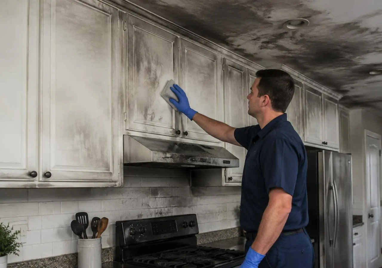 Technician cleaning soot off kitchen cabinets after a fire in Orange County, NY