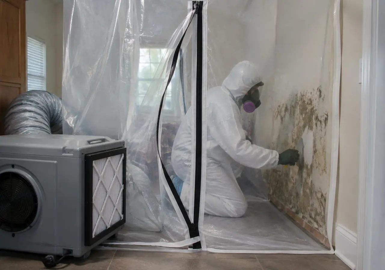 Mold remediation technician in protective gear behind containment with a HEPA air scrubber in Orange County, NY