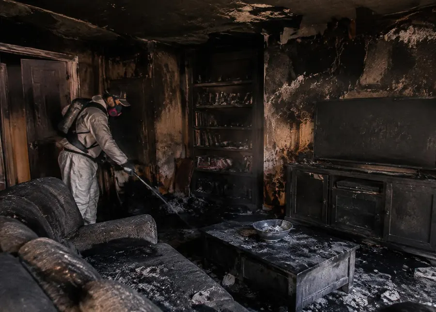 Technician cleaning a fire-damaged living room