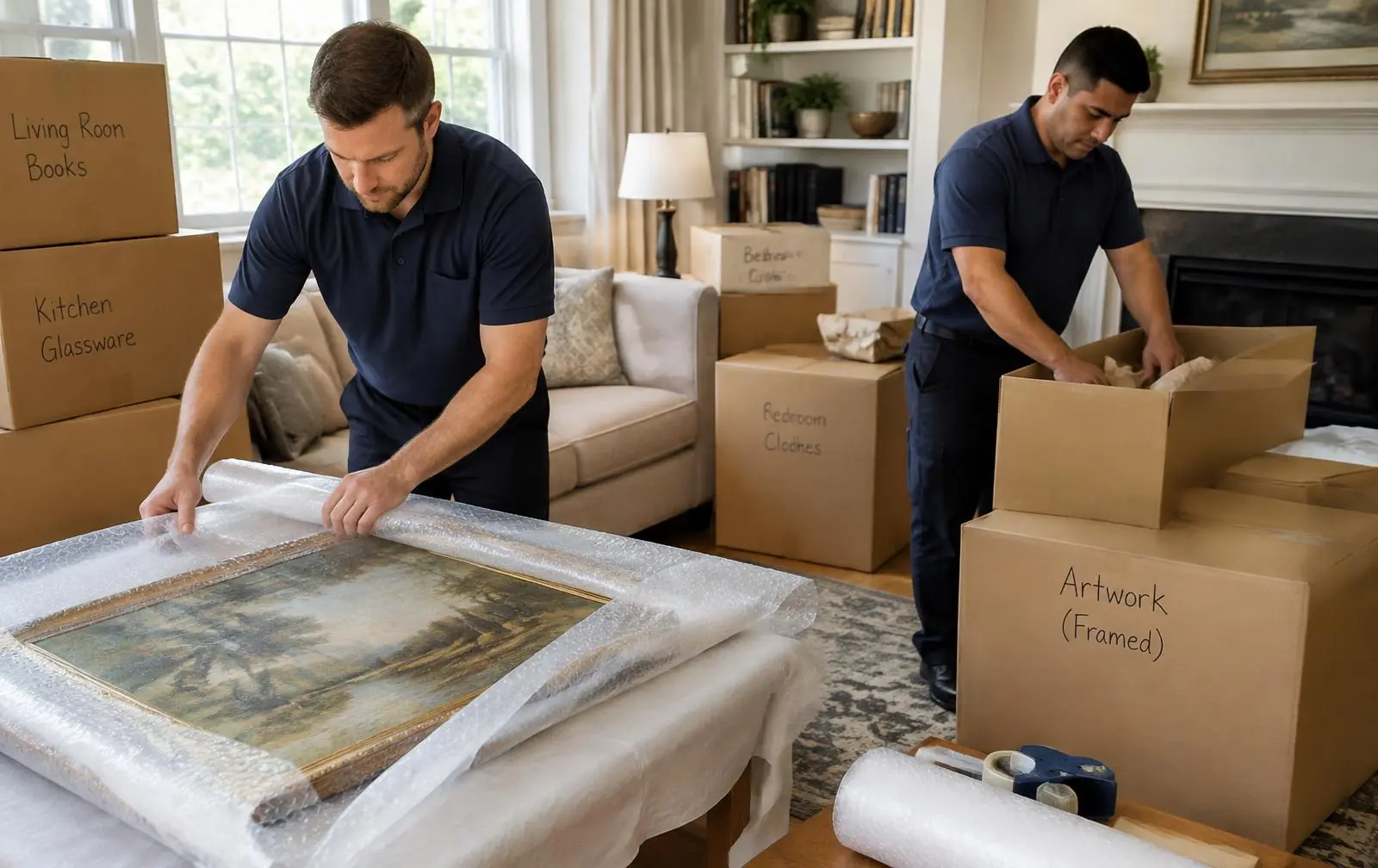 Crew carefully packing framed artwork and belongings during a contents pack-out in Orange County, NY