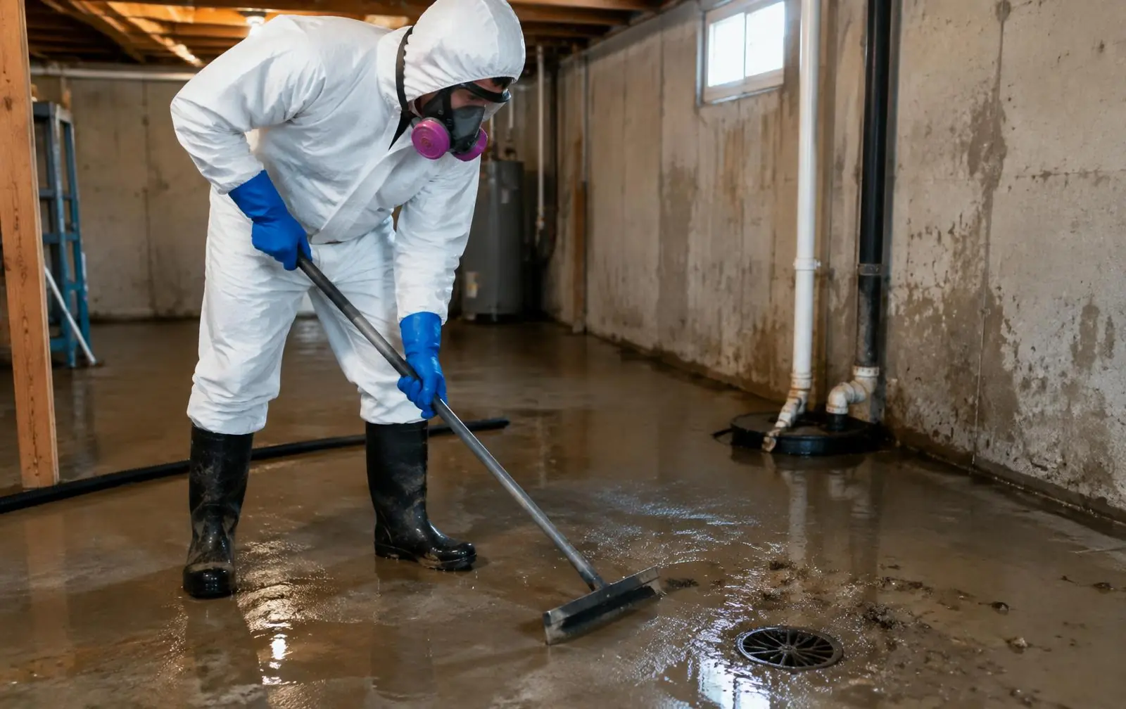 Technician in protective suit cleaning a sewage backup in a basement in Orange County, NY