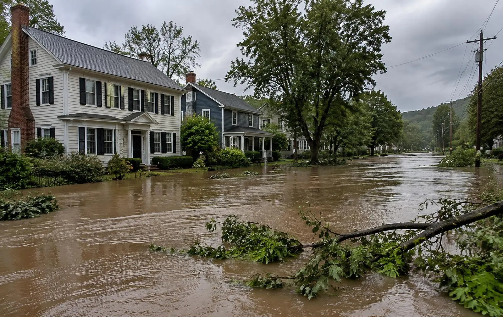 Flooded residential street after a storm in the Hudson Valley, Orange County, NY