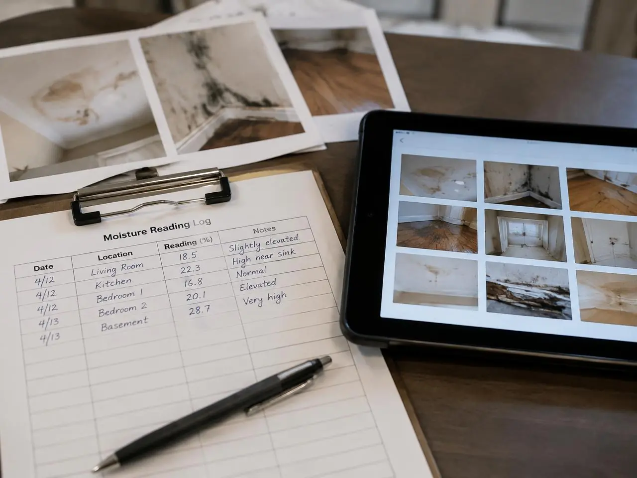 Clipboard with moisture readings and tablet of damage photos used for an insurance claim in Orange County, NY