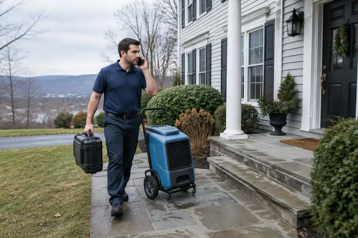 BlueLion technician on the phone arriving at a Hudson Valley home with drying equipment