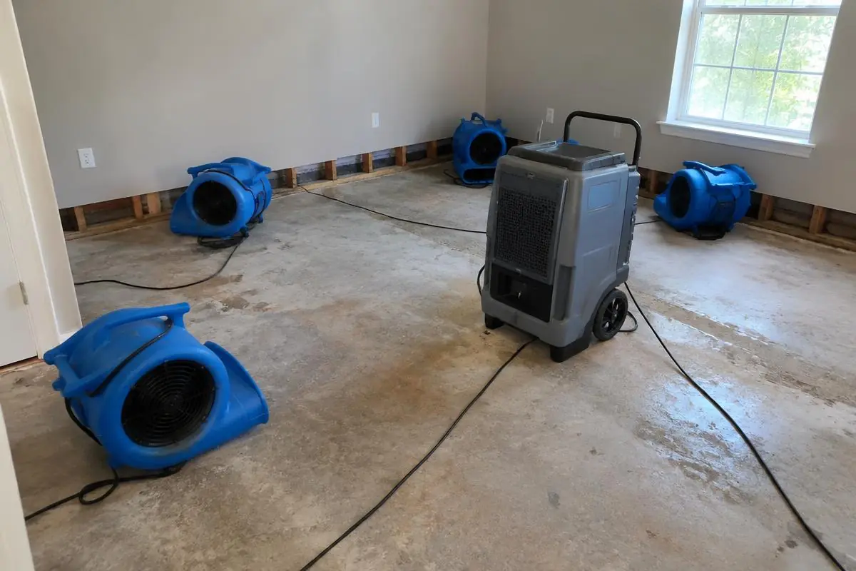 Air movers and a dehumidifier drying a room after water damage in Orange County, NY