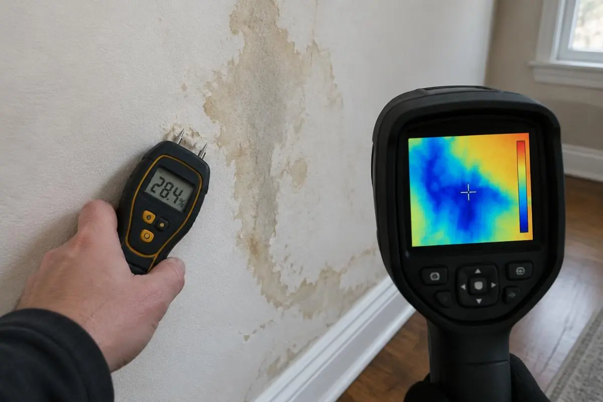 Moisture meter and thermal camera checking a water-stained wall in an Orange County, NY home