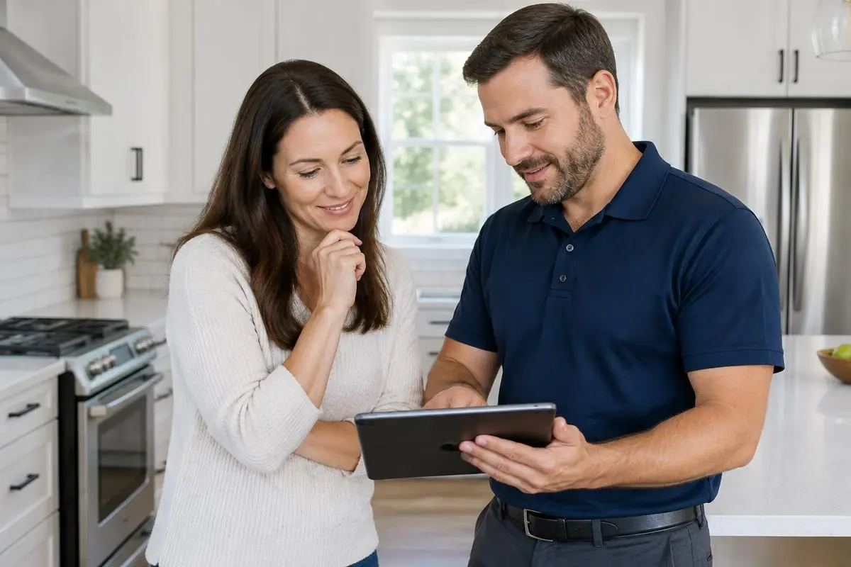 Homeowner and BlueLion technician reviewing restoration documentation on a tablet
