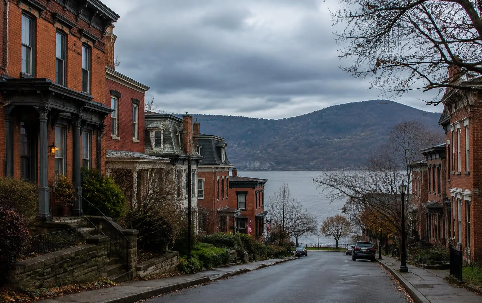 Historic homes on a Hudson River town street in Orange County, NY