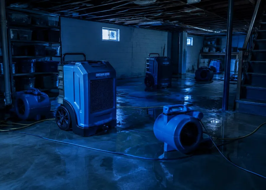 Dehumidifiers and air movers drying a flooded basement