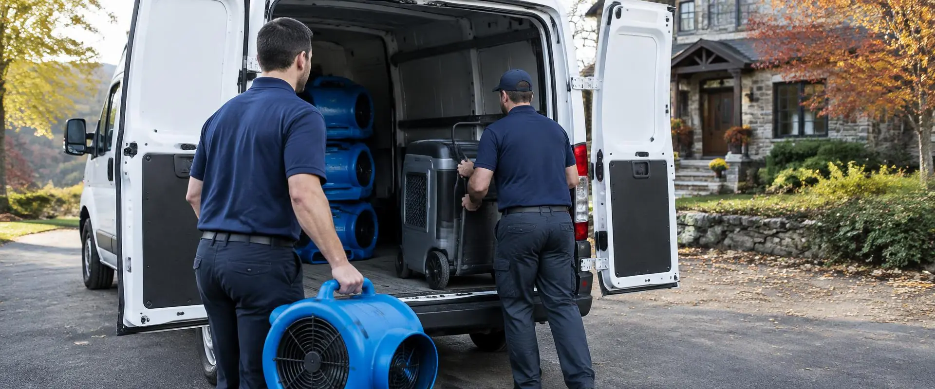 BlueLion crew loading drying equipment into an unmarked work van in Orange County, NY